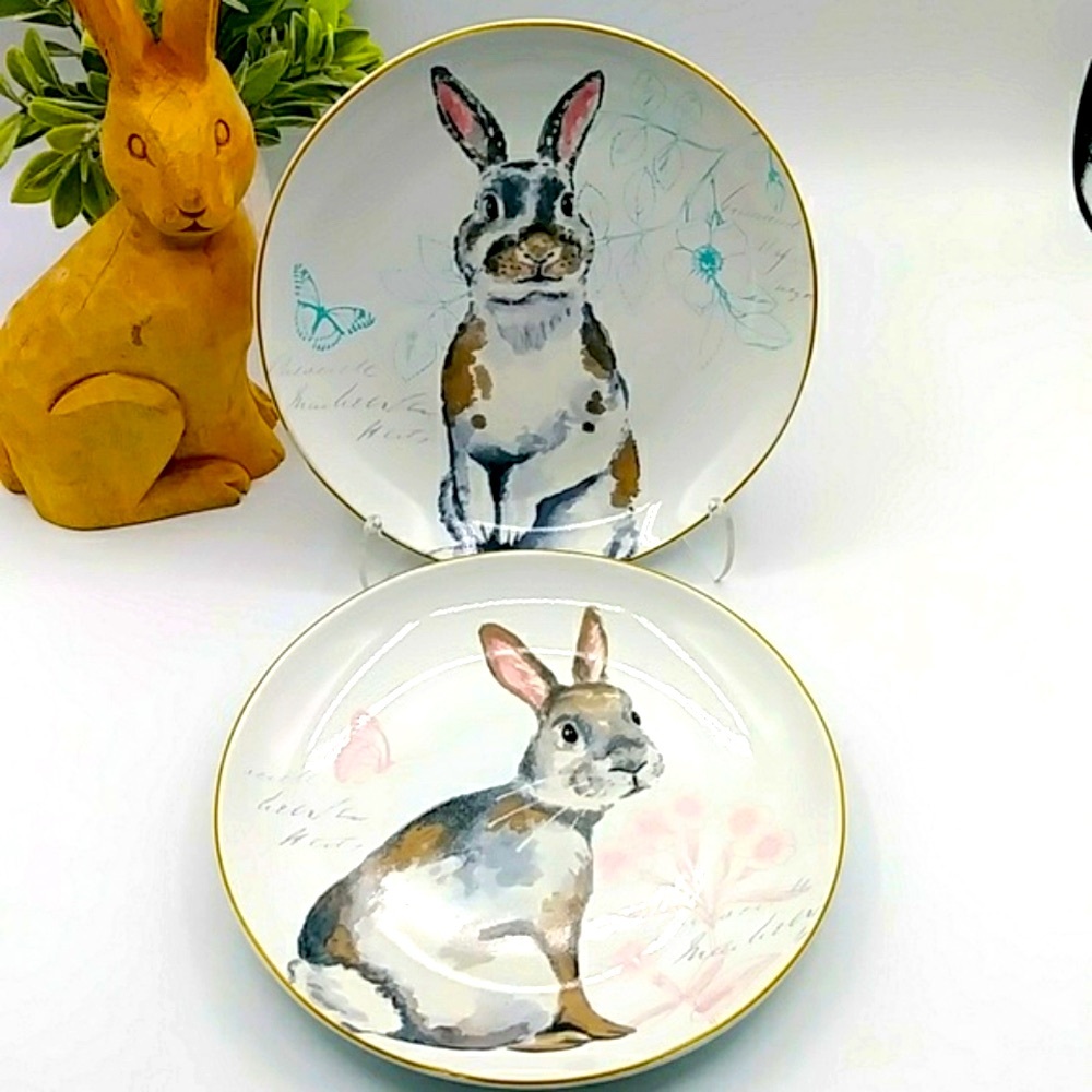 Pier 1 Pair of “Elegant Gray Bunnies” Plates 8” wide